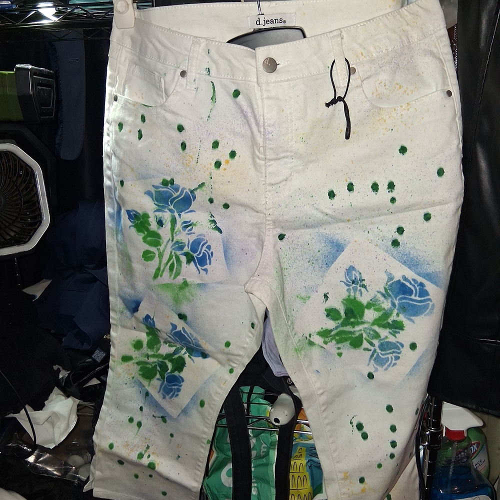 d. jeans White Pants with Blue and Green Floral Accents